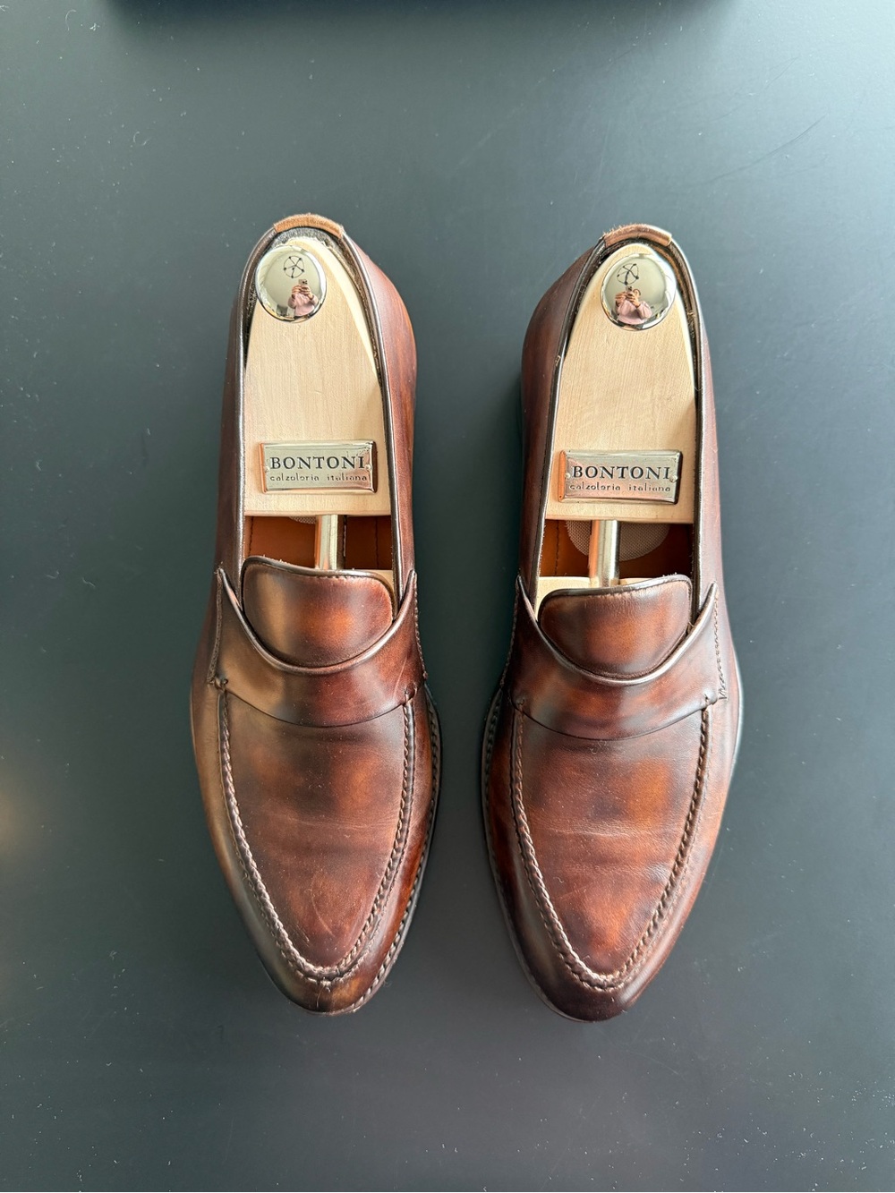 Bontoni Italian Leather Brown Penny Loafers - Burnished Chestnut Finish